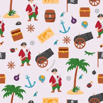Bundle pirate seamless pattern. Bundle pirate, treasure map, rum, ship wheel, Stock Illustration