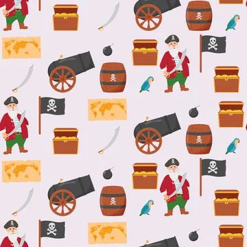 Bundle pirate seamless pattern. Bundle pirate, treasure map, rum, ship wheel Stock Illustration