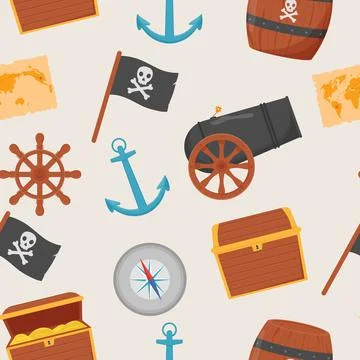 Bundle pirate seamless pattern. Bundle pirate, treasure map, rum, ship wheel Illustrazione stock