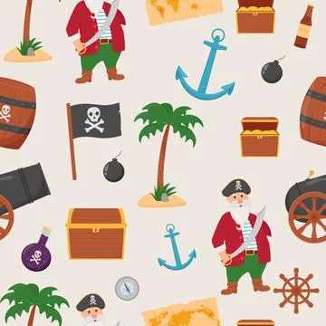 Bundle pirate seamless pattern. Bundle pirate, treasure map, rum, ship wheel Stock Illustration
