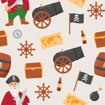 Bundle pirate seamless pattern. Bundle pirate, treasure map, rum, ship wheel Stock Illustration