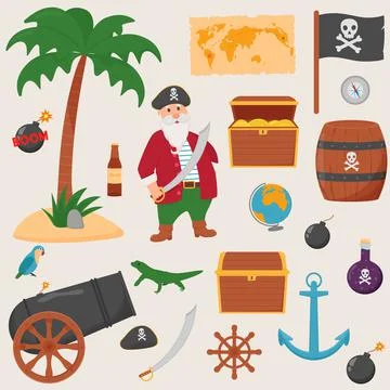Bundle pirate set isolated on white background. Bundle pirate, treasure map,  イラスト素材