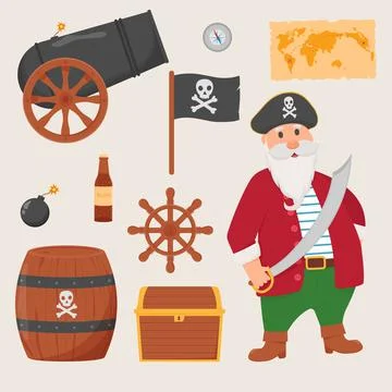 Bundle pirate set isolated on white background. Bundle pirate, treasure map,  Illustrazione stock