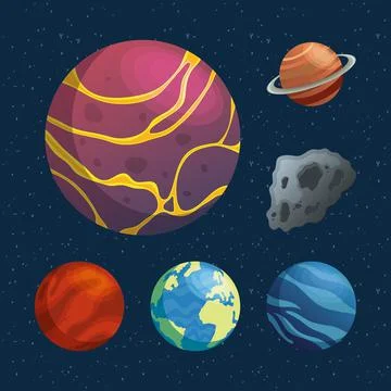 Bundle of planets and asteroid space icons Illustrazione stock