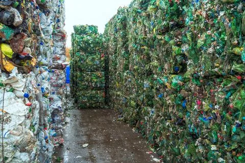 Bundle of pressed plastic bottles prepared for a garbage recycling on waste Stock Photos