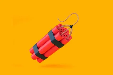 Bundle of red dynamite sticks, TNT with wick on yellow background 스톡 일러스트