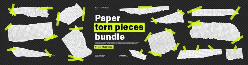 Bundle of rip paper glued to a piece of sticky tape or acid green scotch tape. Illustrazione stock