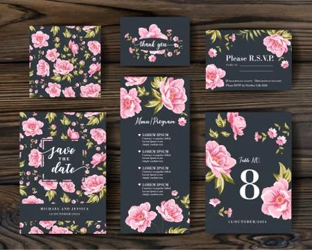 Bundle of Save The Date and RSVP Invitation Card. Collection of greeting cards. Stock Illustration