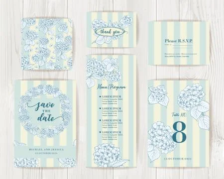 Bundle of Save The Date and RSVP Invitation Card. Collection of greeting cards. Stock Illustration