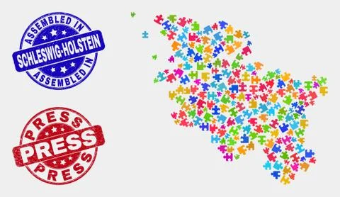 Bundle Schleswig-Holstein Land Map and Distress Assembled and Press Stamp Seals 스톡 일러스트