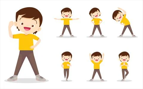 Bundle set of boy on exercise various actions Stock Illustration