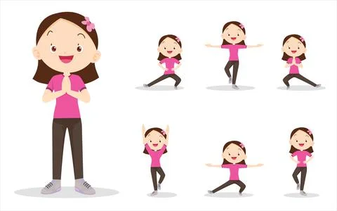 Bundle set of cute girl exercise various actions Stock Illustration