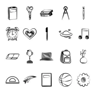 Bundle of set monochrome back to school icons Illustrazione stock