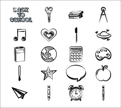 Bundle of set monochrome back to school icons Stock Illustration