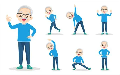 Bundle set of smart elderly man on exercise various actions Stock Illustration