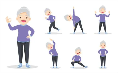 Bundle set of smart elderly woman on exercise various actions Stock Illustration