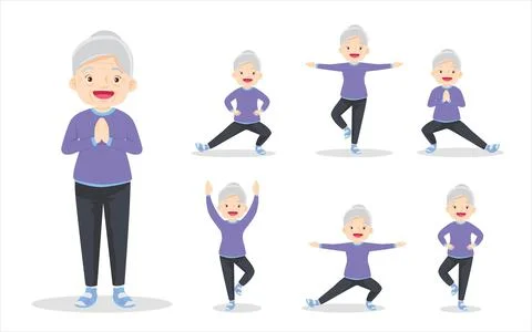 Bundle set of smart elderly woman exercise various actions Stock Illustration