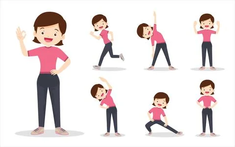 Bundle set of smart woman on exercise various actions Stock Illustration