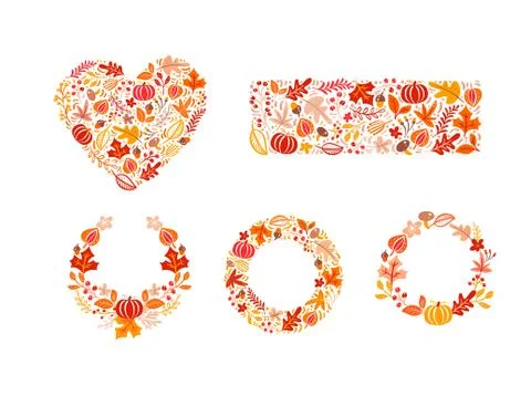 Bundle set of vector autumn elements made in heart, rectangle shape and wreath 스톡 일러스트