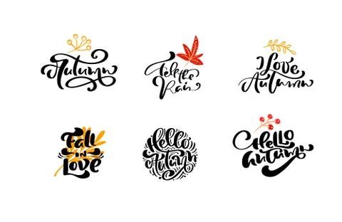 Bundle set of vector calligraphy autumn phrases with autumnal elements. Hand 스톡 일러스트