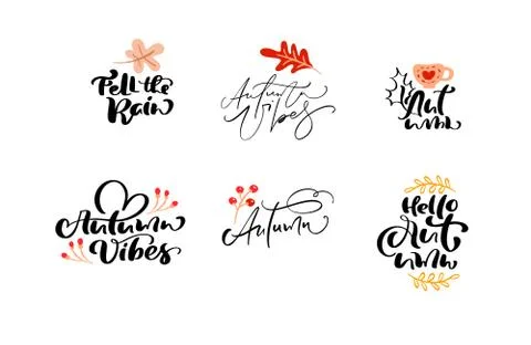 Bundle set of vector calligraphy autumn phrases with autumnal elements. Hand 스톡 일러스트