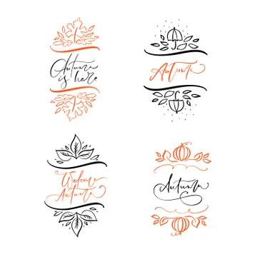 Bundle set of vector calligraphy autumn phrases with autumnal elements. Hand Stock Illustration