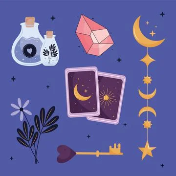 Bundle of seven esoteric art set icons Stock Illustration