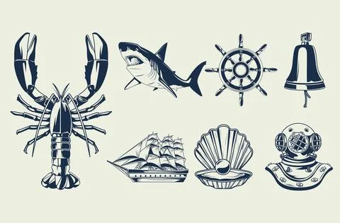 Bundle of seven nautical elements set icons Stock Illustration