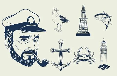 Bundle of seven nautical gray elements set icons Stock Illustration