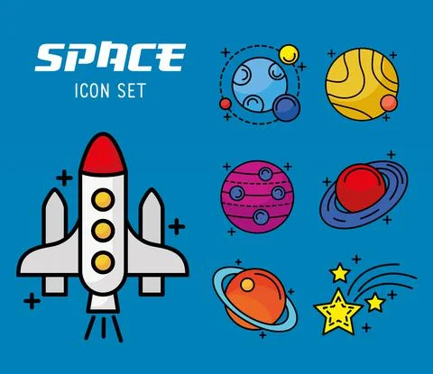 Bundle of seven space set line and fill style icons and lettering 스톡 일러스트