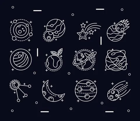 Bundle of seven space set line style icons Stock Illustration