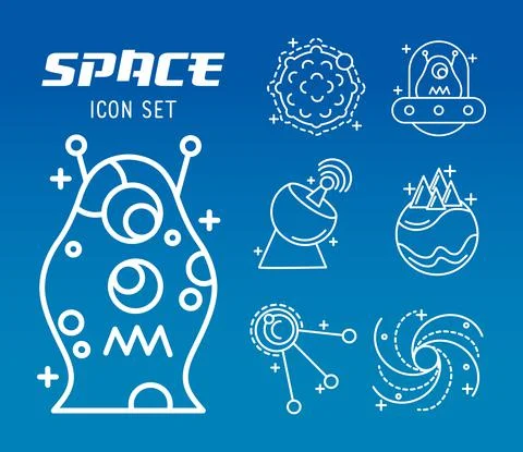 Bundle of seven space set line style icons and lettering Illustrazione stock