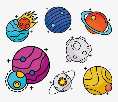 Bundle of seven space set line and fill style icons 스톡 일러스트
