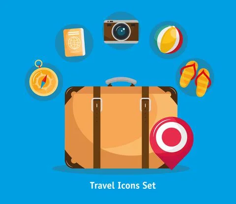 Bundle of seven vacations travel set icons and lettering Stock Illustration