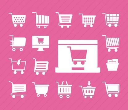 Bundle of seventeen shopping carts line style icons Illustrazione stock
