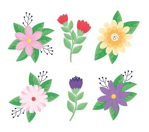 Bundle of six beauty flowers spring season set icons Stock Illustration