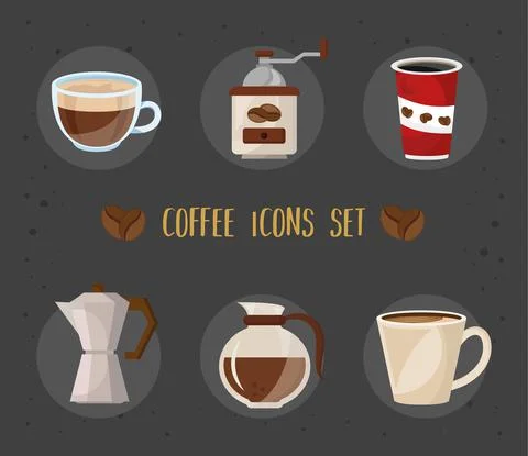 Bundle of six coffee delicious drink set icons and lettering Stock Illustration