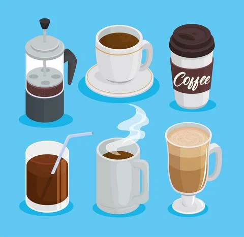 Bundle of six coffee drinks set icons Stock Illustration