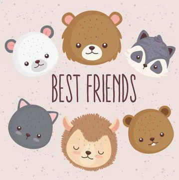 Bundle of six cute animals set icons and lettering Stock Illustration