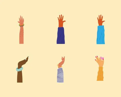 Bundle of six diversity people hands humans up Stock Illustration