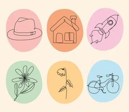 Bundle of six elements one line style icons Illustrazione stock
