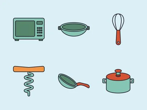 Bundle of six kitchen utensils set line and colors style icons 스톡 일러스트