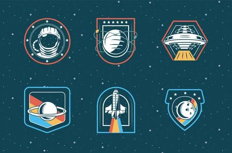 Bundle of six space patches set icons in blue background イラスト素材