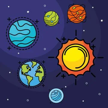 Bundle of six space set line and fill style icons Illustrazione stock
