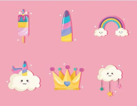 Bundle of six unicorn set icons Stock Illustration