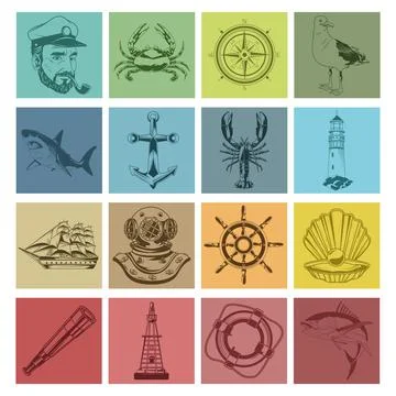 Bundle of sixteen nautical elements set icons 스톡 일러스트