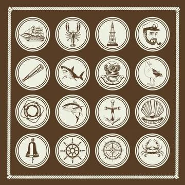 Bundle of sixteen nautical elements set icons in vintage background Stock Illustration