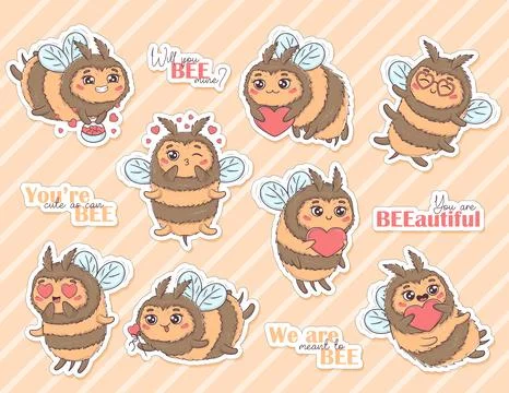 Bundle with stickers with Cartoon cute bee in love for Valentine's Day in fun イラスト素材