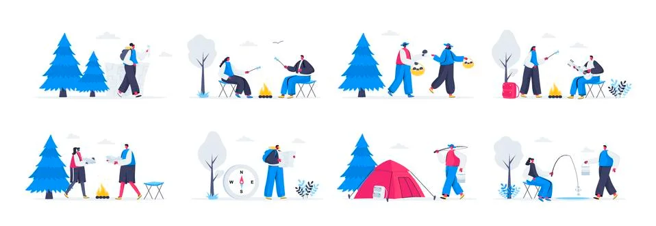Bundle of summer camping scenes. Stock Illustration