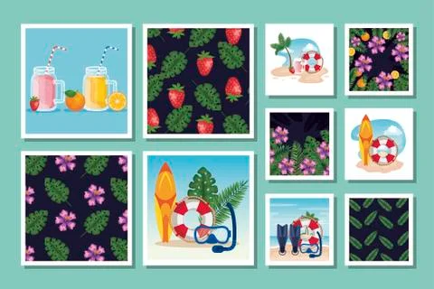 Bundle summer scenes with patterns tropicals 스톡 일러스트